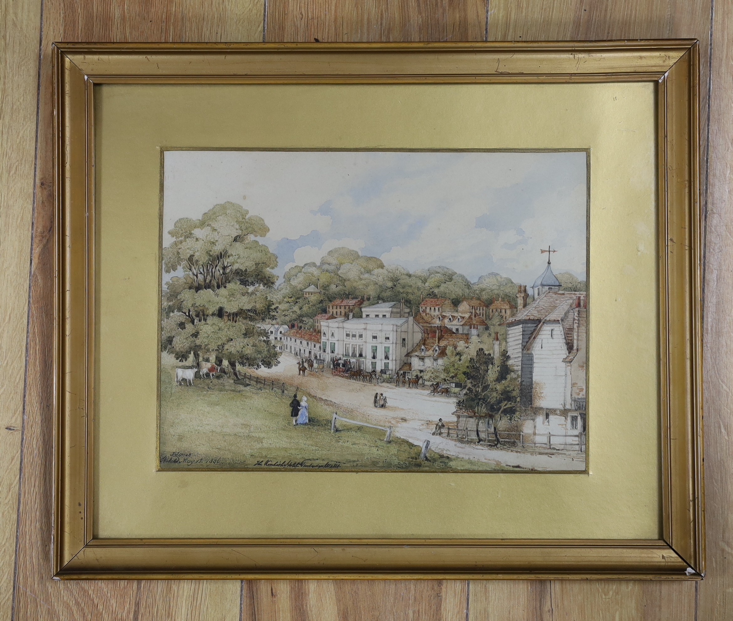 J. Jones (19th C.), 'The Kentish Hotel, Tunbridge Wells', signed and dated May 12 1836, 22.5 x 30cm